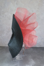 Load image into Gallery viewer, Maroon Red Ruffle Fascinator, Red Percher Hat, Black Free form Saucer