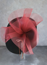 Load image into Gallery viewer, Maroon Red Ruffle Fascinator, Red Percher Hat, Black Free form Saucer