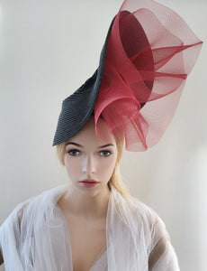 Maroon Red Ruffle Fascinator, Red Percher Hat, Black Free form Saucer