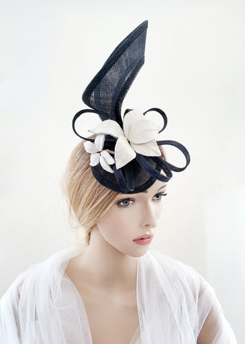 Blue bow Fascinator, Ivory Leather Leaf Percher Hat,