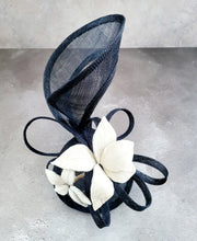 Load image into Gallery viewer, Blue bow Fascinator, Ivory Leather Leaf Percher Hat,