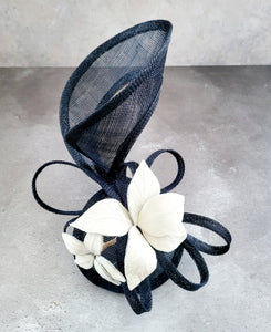 Blue bow Fascinator, Ivory Leather Leaf Percher Hat,