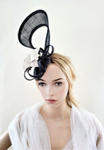 Load image into Gallery viewer, Blue bow Fascinator, Ivory Leather Leaf Percher Hat,