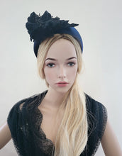 Load image into Gallery viewer, Blue Velvet Halo Crown Headband, lightweight Vintage Flower Fascinator, 8 cms Wide