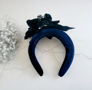 Blue Velvet Halo Crown Headband, lightweight Vintage Flower Fascinator, 8 cms Wide