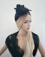 Load image into Gallery viewer, Blue Velvet Halo Crown Headband, lightweight Vintage Flower Fascinator, 8 cms Wide