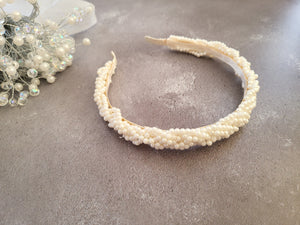 Pearl Bead Headband on flexible gold tone alice band plaited design approximately 18mm wide