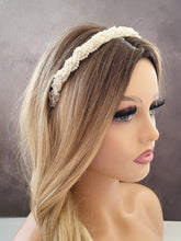Load image into Gallery viewer, Pearl Bead Headband on flexible gold tone alice band plaited design approximately 18mm wide