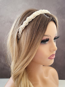 Pearl Bead Headband on flexible gold tone alice band plaited design approximately 18mm wide
