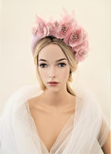Load image into Gallery viewer, Pink Flower Crown Fascinator, Satin Padded headband, Halo, Wedding Headpiece, Kentucky Derby, Style 7 cms Wide, Ascot