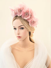 Load image into Gallery viewer, Pink Flower Crown Fascinator, Satin Padded headband, Halo, Wedding Headpiece, Kentucky Derby, Style 7 cms Wide, Ascot