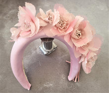 Load image into Gallery viewer, Pink Flower Crown Fascinator, Satin Padded headband, Halo, Wedding Headpiece, Kentucky Derby, Style 7 cms Wide, Ascot