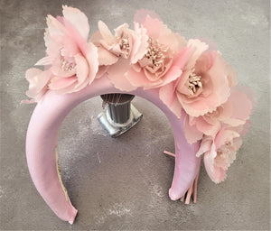 Pink Flower Crown Fascinator, Satin Padded headband, Halo, Wedding Headpiece, Kentucky Derby, Style 7 cms Wide, Ascot