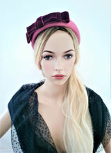 Load image into Gallery viewer, Pink Leather Bow Headband Padded , With Wine Velvet Bow Fascinator