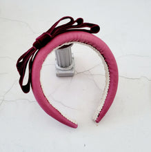 Load image into Gallery viewer, Pink Leather Bow Headband Padded , With Wine Velvet Bow Fascinator