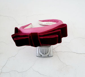 Pink Leather Bow Headband Padded , With Wine Velvet Bow Fascinator