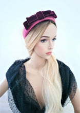 Load image into Gallery viewer, Pink Leather Bow Headband Padded , With Wine Velvet Bow Fascinator
