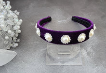 Load image into Gallery viewer, Purple velvet diamante headband, Pearl Embellishment Headpiece, 2.5 cms wide