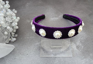 Purple velvet diamante headband, Pearl Embellishment Headpiece, 2.5 cms wide
