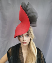 Load image into Gallery viewer, Black Ruffle Flower Fascinator, Red Percher Hat, Red Free form Saucer