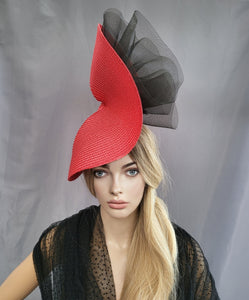 Black Ruffle Flower Fascinator, Red Percher Hat, Red Free form Saucer