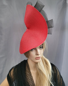 Black Ruffle Flower Fascinator, Red Percher Hat, Red Free form Saucer