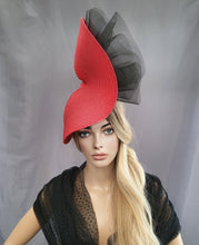Load image into Gallery viewer, Black Ruffle Flower Fascinator, Red Percher Hat, Red Free form Saucer