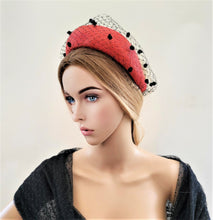 Load image into Gallery viewer, Red Fascinator Headband, with Black Dotty Veiling, Halo Shape, 6.5 cms Wide