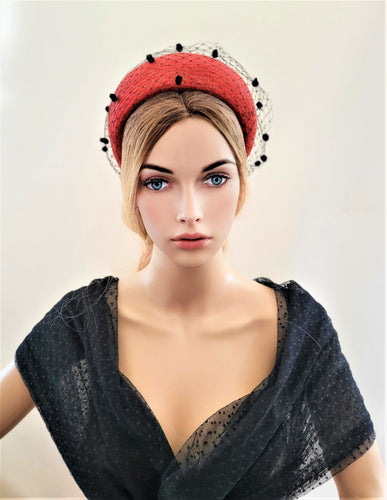 Red Fascinator Headband, with Black Dotty Veiling, Halo Shape, 6.5 cms Wide