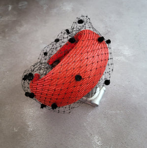 Red Fascinator Headband, with Black Dotty Veiling, Halo Shape, 6.5 cms Wide
