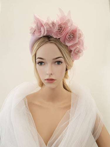 Pink Flower Crown Fascinator, Satin Padded headband, Halo, Wedding Headpiece, Kentucky Derby, Style 7 cms Wide, Ascot
