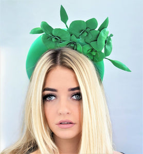 Green Satin Fascinator, Flower Headpiece, Halo Headband, Tall Padded Hair band, leather orchids,
