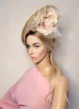 Load image into Gallery viewer, Blush Large Flower Fascinator, Percher Hat, Beige Saucer, Races , Hatinator, wedding headpiece,