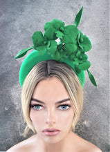 Load image into Gallery viewer, Green Satin Fascinator, Flower Headpiece, Halo Headband, Tall Padded Hair band, leather orchids,