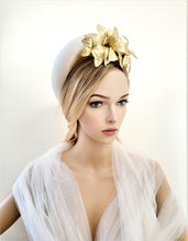 Load image into Gallery viewer, Ivory Duchess Satin silk tall Halo Crown Headpiece, Gold Leather Leaf Vine Headband