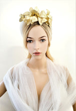 Load image into Gallery viewer, Ivory Duchess Satin silk tall Halo Crown Headpiece, Gold Leather Leaf Vine Headband