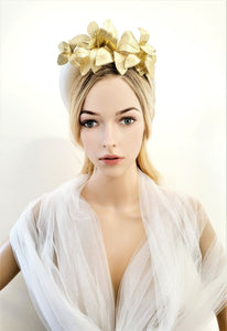 Ivory Duchess Satin silk tall Halo Crown Headpiece, Gold Leather Leaf Vine Headband