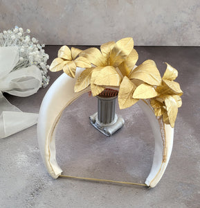 Ivory Duchess Satin silk tall Halo Crown Headpiece, Gold Leather Leaf Vine Headband