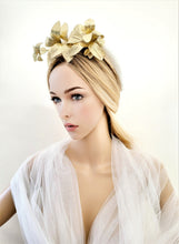 Load image into Gallery viewer, Ivory Duchess Satin silk tall Halo Crown Headpiece, Gold Leather Leaf Vine Headband