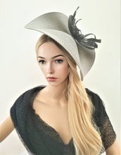 Load image into Gallery viewer, Silver Grey Hatinator, Black Bow Feather Fascinator, Black Percher Hat, Saucer, Races , wedding headpiece, Mother of the Bride, Ascot hat