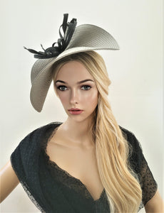 Silver Grey Hatinator, Black Bow Feather Fascinator, Black Percher Hat, Saucer, Races , wedding headpiece, Mother of the Bride, Ascot hat