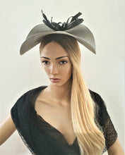 Load image into Gallery viewer, Silver Grey Hatinator, Black Bow Feather Fascinator, Black Percher Hat, Saucer, Races , wedding headpiece, Mother of the Bride, Ascot hat