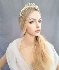 Goddess Pearl Bead Tiara, Gold wire Grecian Style Headpiece, Bridal