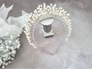 Goddess Pearl Bead Tiara, Gold wire Grecian Style Headpiece, Bridal