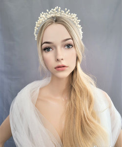 Goddess Pearl Bead Tiara, Gold wire Grecian Style Headpiece, Bridal