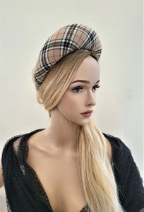 Beige Plaid Tartan Headband, Halo Crown Fascinator, 6.5 cms Wide