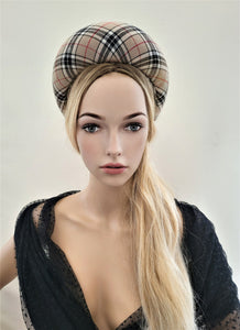 Beige Plaid Tartan Headband, Halo Crown Fascinator, 6.5 cms Wide