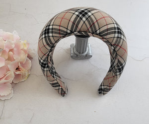 Beige Plaid Tartan Headband, Halo Crown Fascinator, 6.5 cms Wide